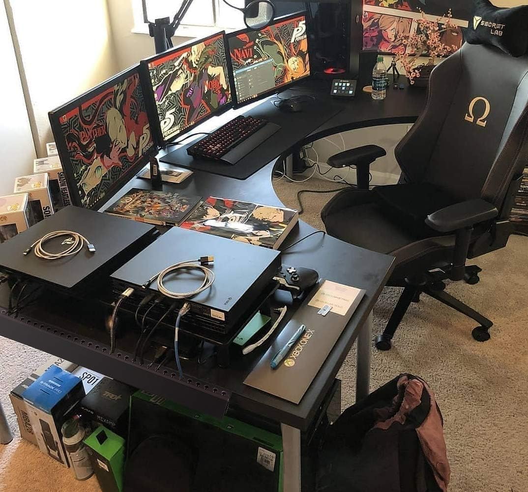 Stageek cord cover kit mounted neatly beside computer desk setup