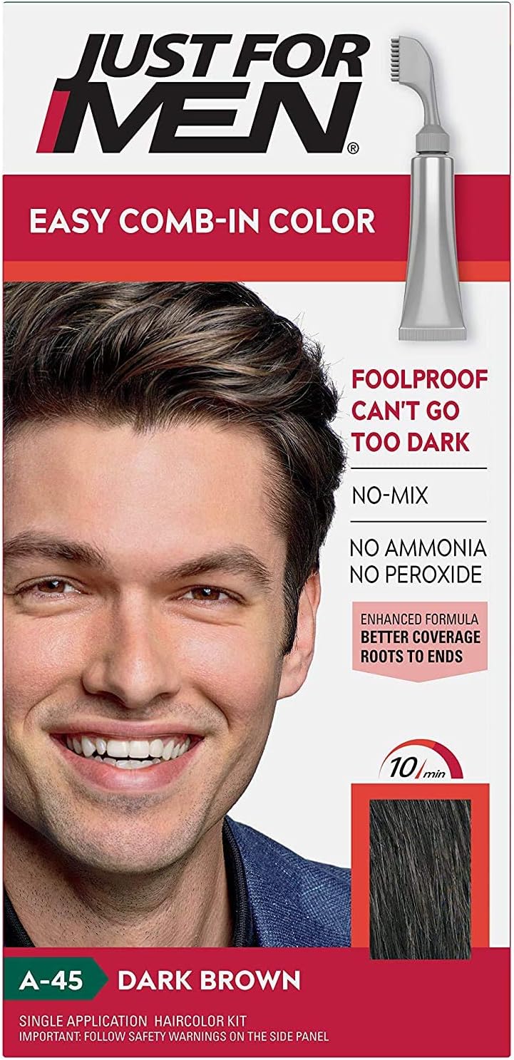 Just For Men Auto Stop Dark Brown hair color bottle and applicator kit