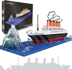 OneNext RMS Titanic building block set front view showcasing the fully assembled model ship on a blue display base.