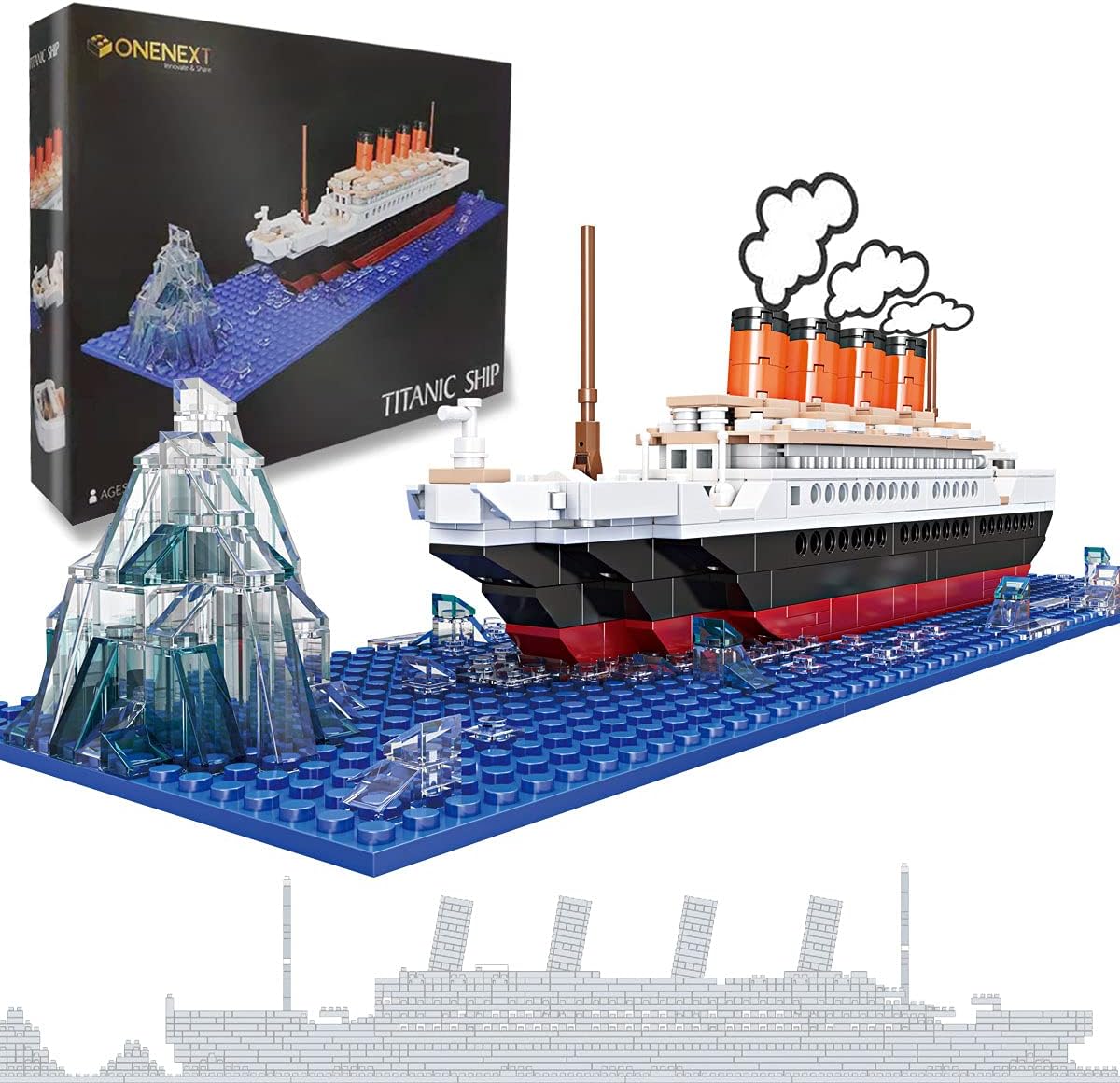 OneNext RMS Titanic building block set front view showcasing the fully assembled model ship on a blue display base.