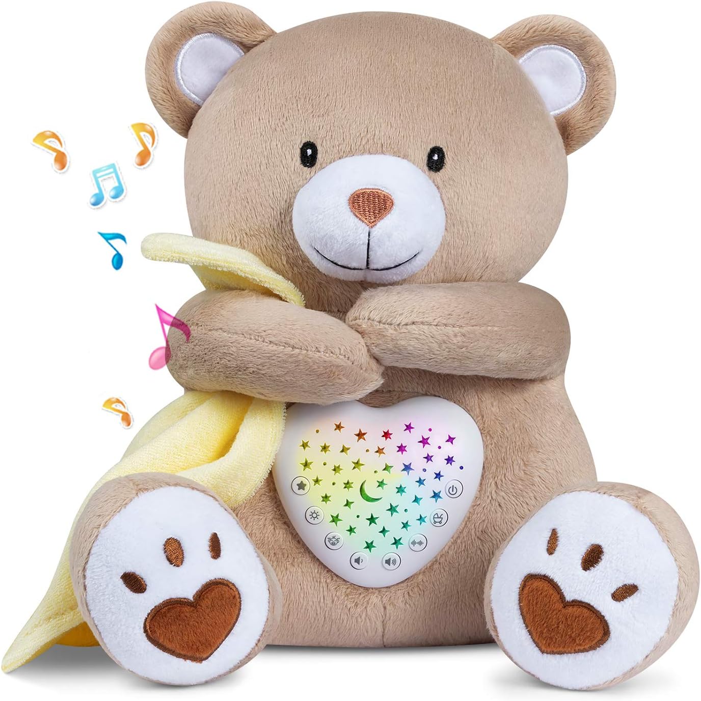 BEREST rechargeable baby sleep soother bear front view showing the plush teddy bear design and the central galaxy light projector module