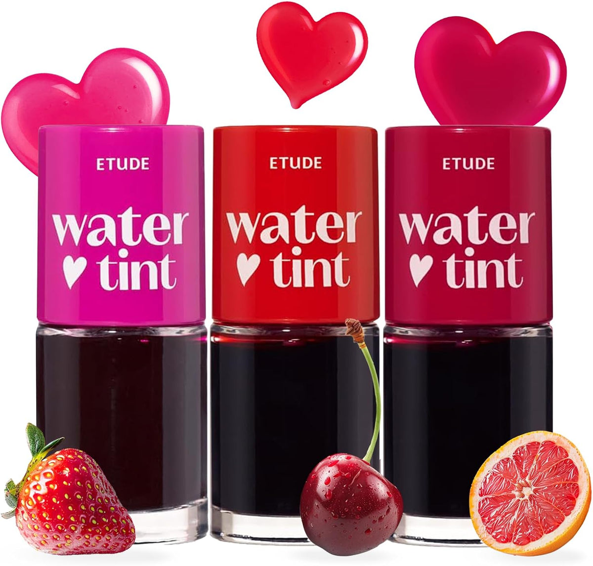 ETUDE Dear Darling Water Tint three piece set front view showing fruit shades