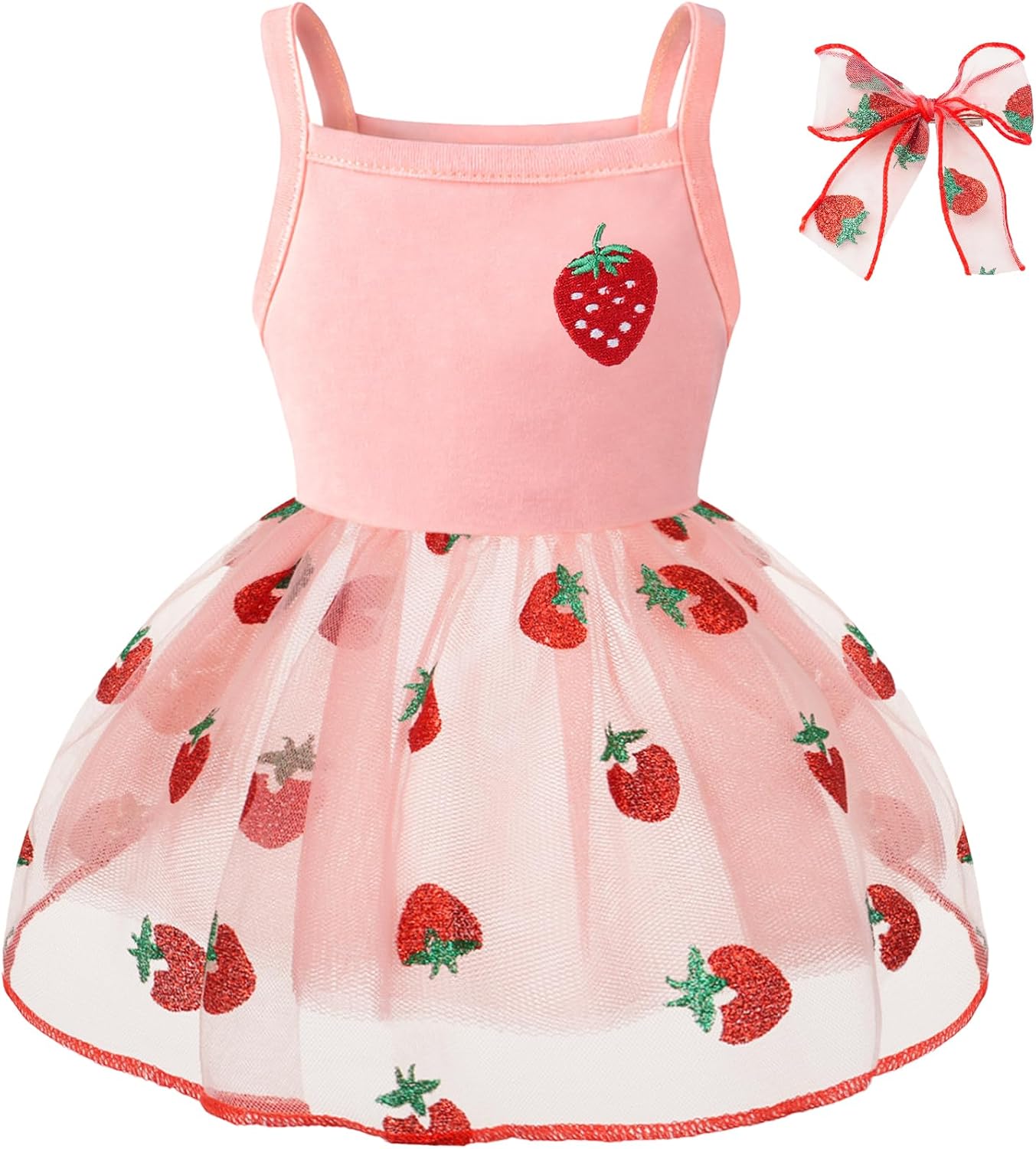 BAOBICUTE strawberry embroidered dog tutu dress front view premium pet clothing