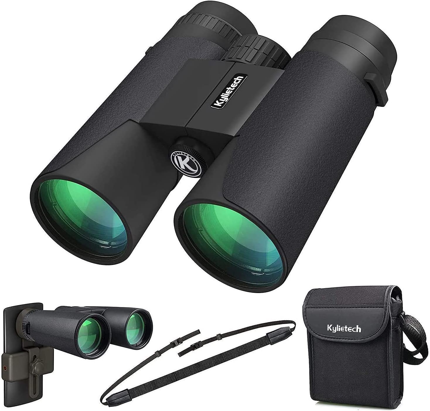 Kylietech 12X42 Binoculars front view showcasing the large forty-two millimeter objective lenses and textured black non-slip housing.