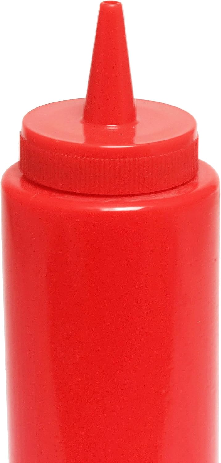 TrueCraftware red plastic sauce dispensing bottles in use