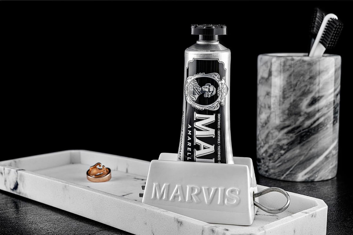 Back view of Marvis Amarelli Licorice toothpaste packaging showing ingredients and product details