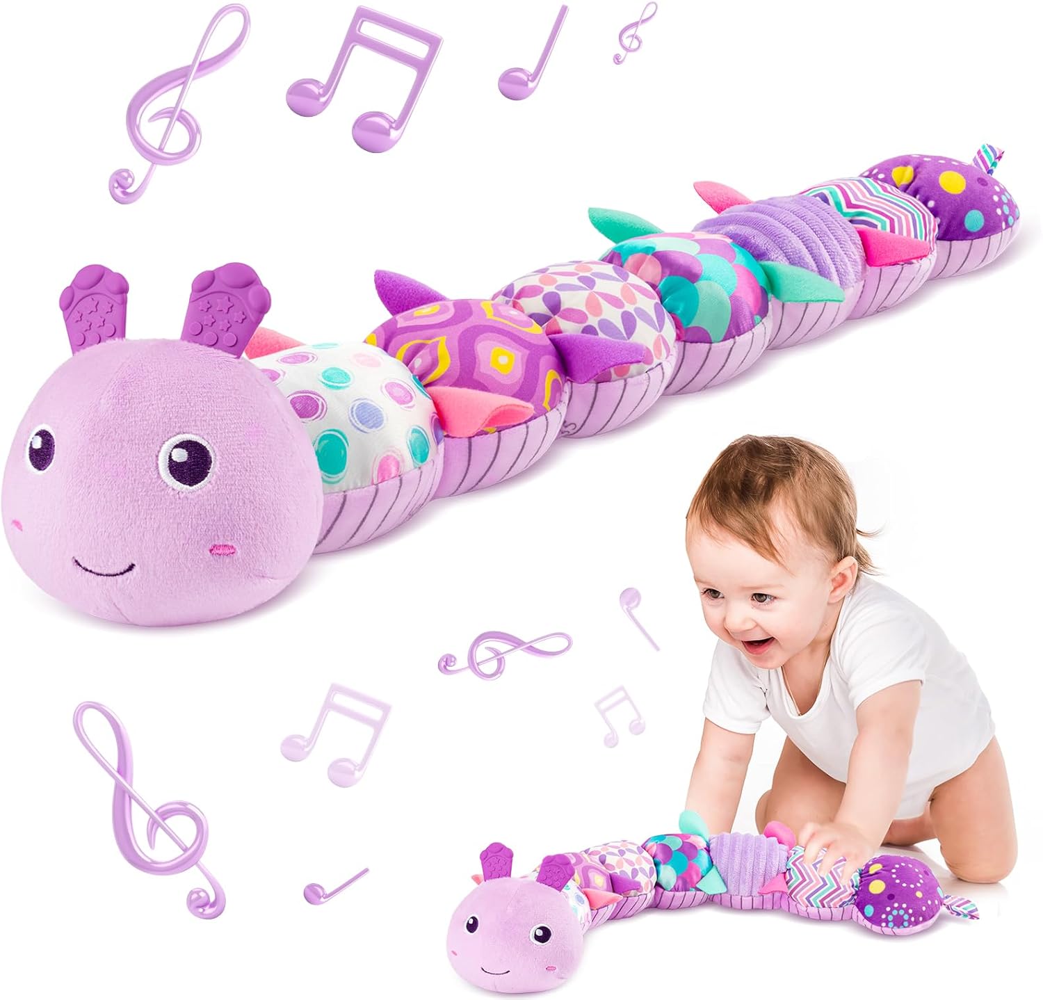 Sumobaby infant musical multi sensory caterpillar toy front view showing vibrant purple patterns