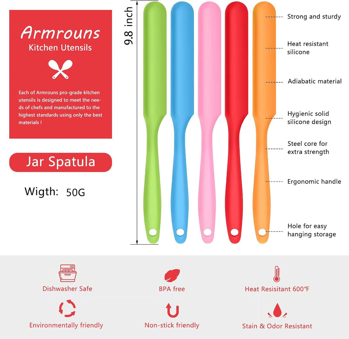 Armrouns food-grade silicone kitchen spatulas set arranged together