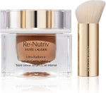 Premium glass jar of Estee Lauder Re-Nutriv Serum Creme Makeup on a reflective surface