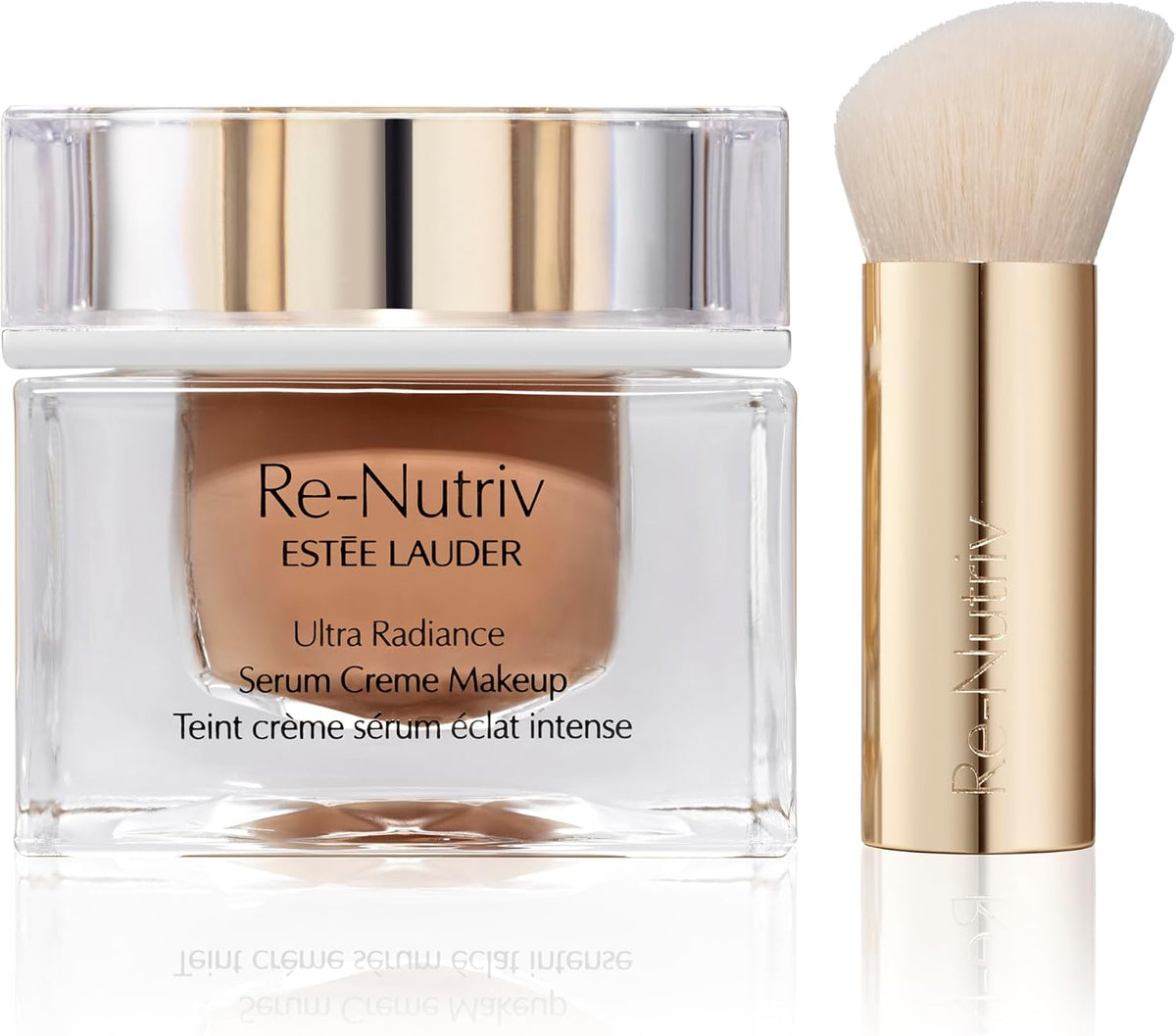 Premium glass jar of Estee Lauder Re-Nutriv Serum Creme Makeup on a reflective surface