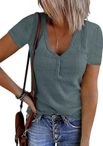 MEROKEETY Womens 2026 Summer Short Sleeve Tops Casual T Shirts | V Neck, Ribbed Knit, Henley, Button Down, Trendy Fashion Basic Tee Shirts Blouses, Going Out Outfits Clothes - Image 11