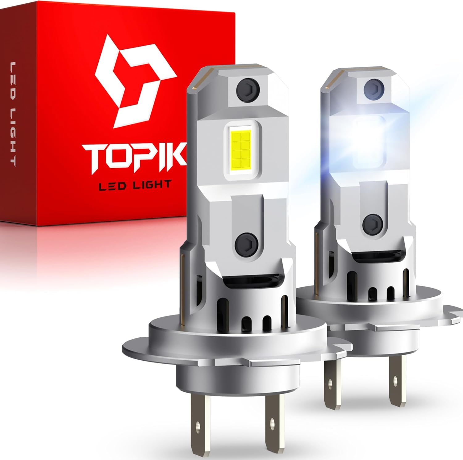 TOPIK T26 H7 LED Light Bulb front view of two pack set showcasing the premium aviation aluminum body design
