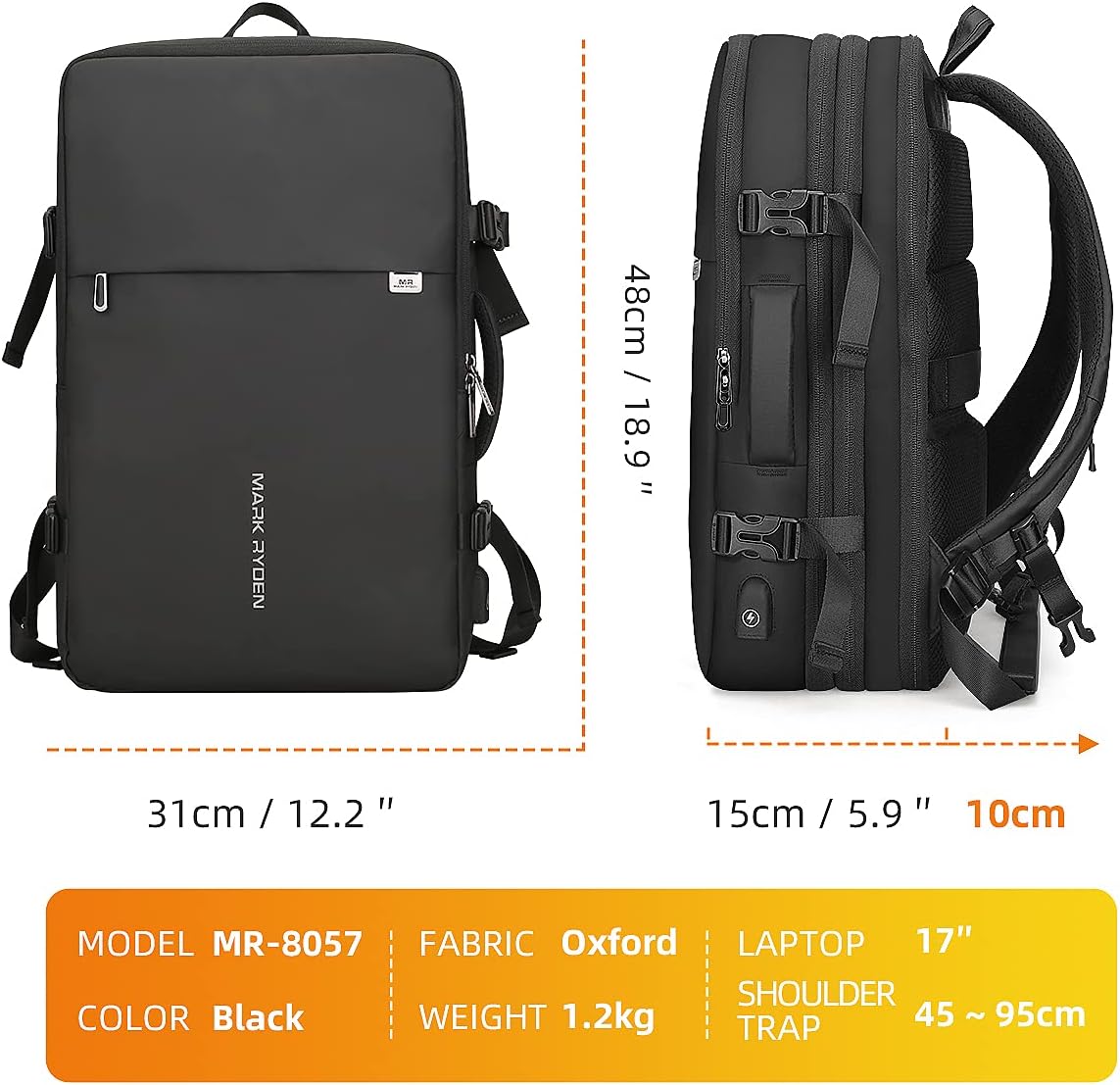 Mark Ryden 40L laptop backpack side profile