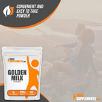 Authentic imported BulkSupplements golden milk mix next to a warm cup of turmeric latte