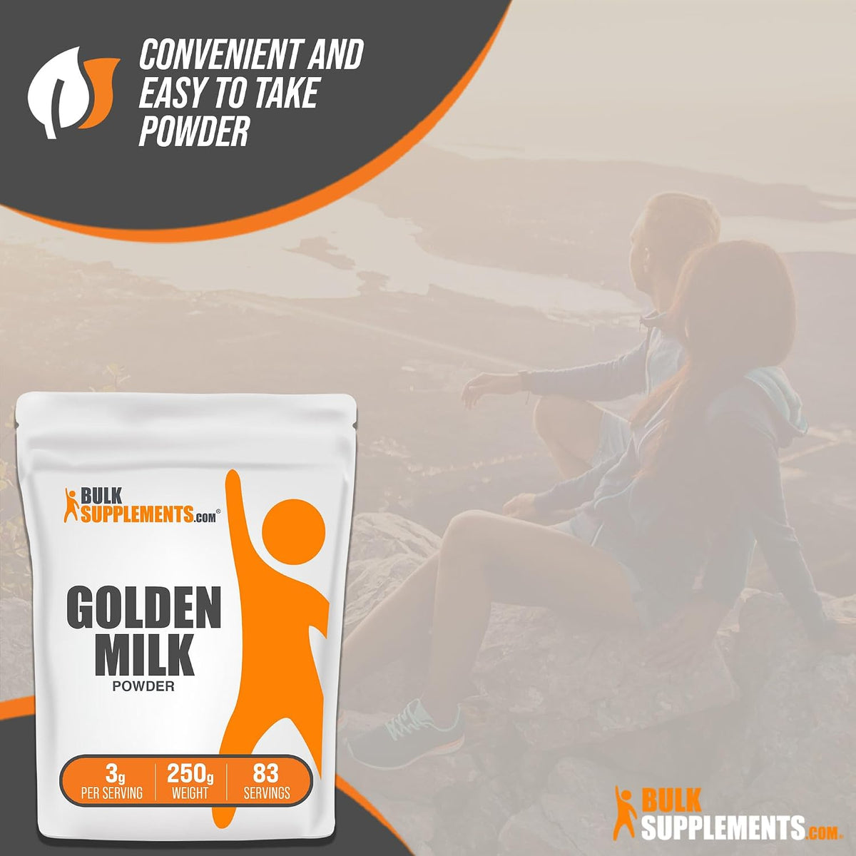 Authentic imported BulkSupplements golden milk mix next to a warm cup of turmeric latte