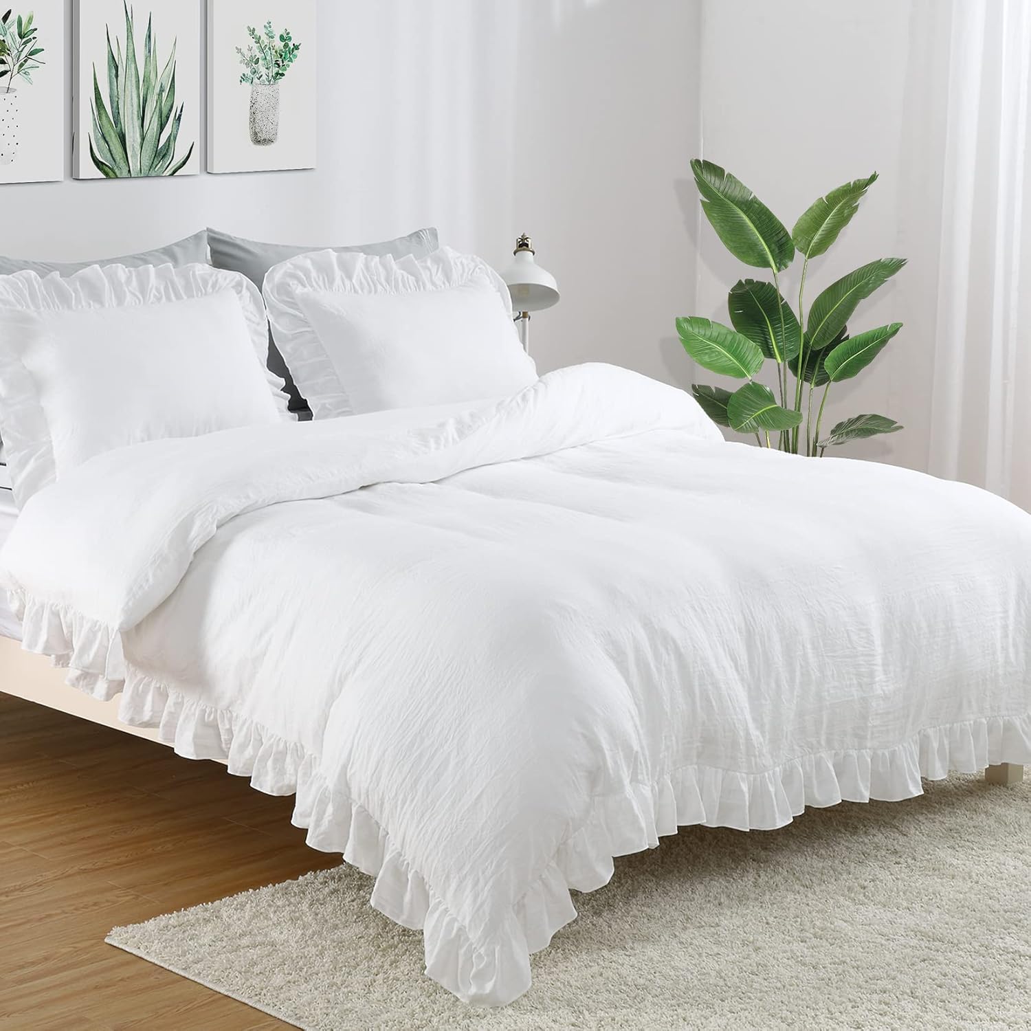 CAROMIO White Ruffled Duvet Cover Twin set displayed on a bed in a vintage French country style bedroom setup.