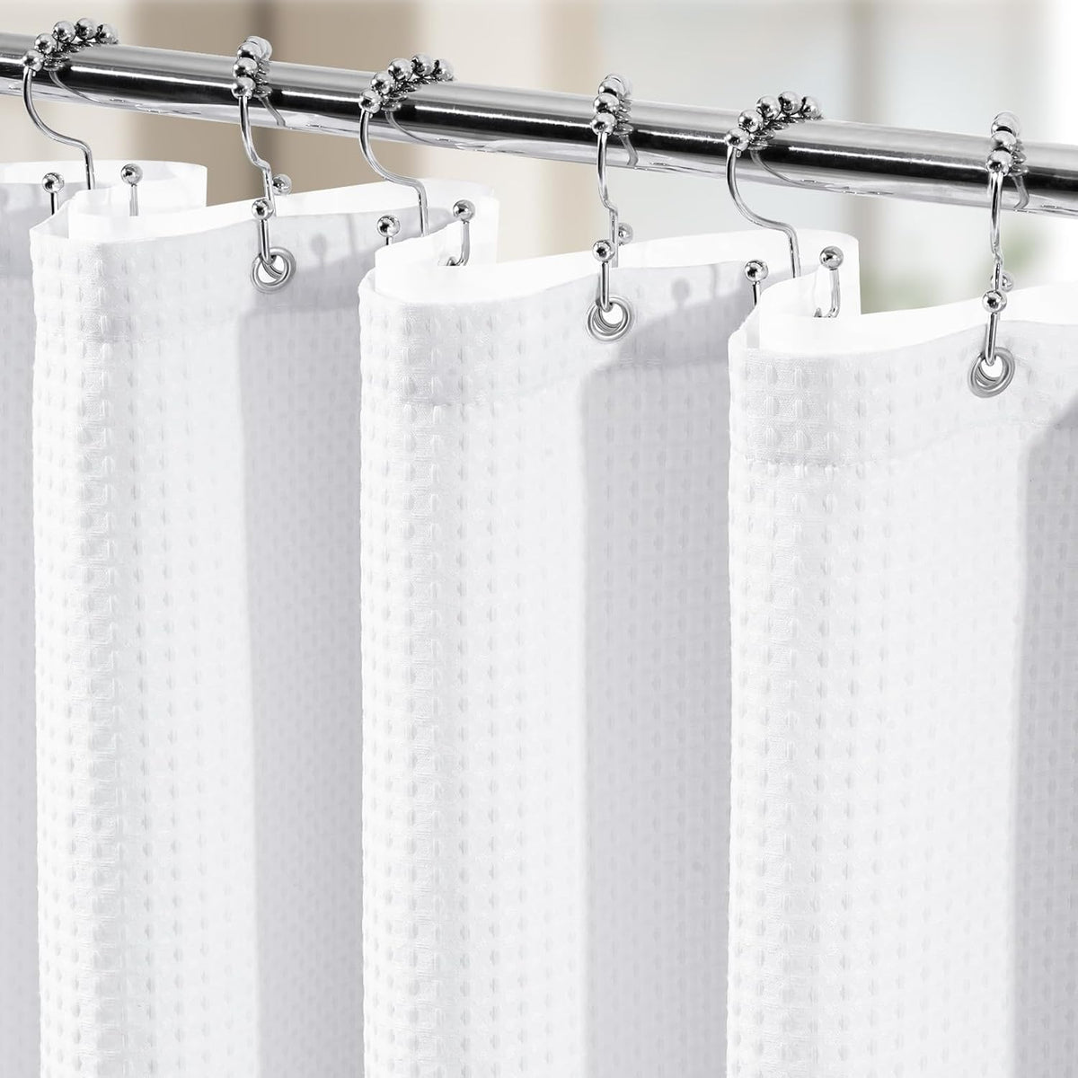 Vipfree 3 in 1 waffle shower curtain set in white front view installed in a luxury bathroom