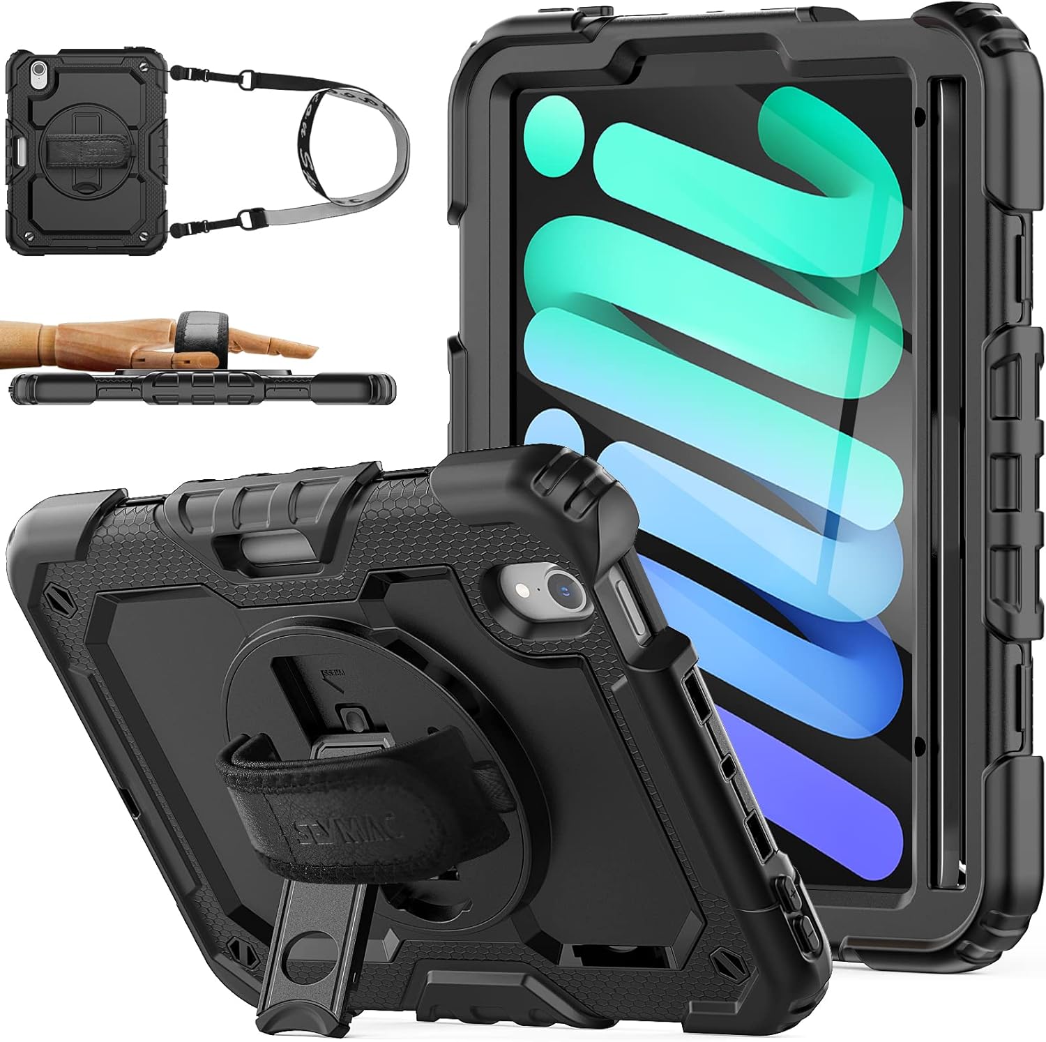 SEYMAC Stock iPad Mini 6 heavy duty case front view showing the built in screen protector.