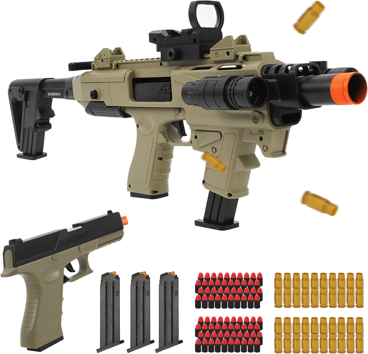 Spcozgil two modes toy gun sniper rifle front view showing sandy color modular body layout with tactical scope accessory