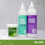Pet MD Tris Flush bottle with text highlighting vet recommended formula