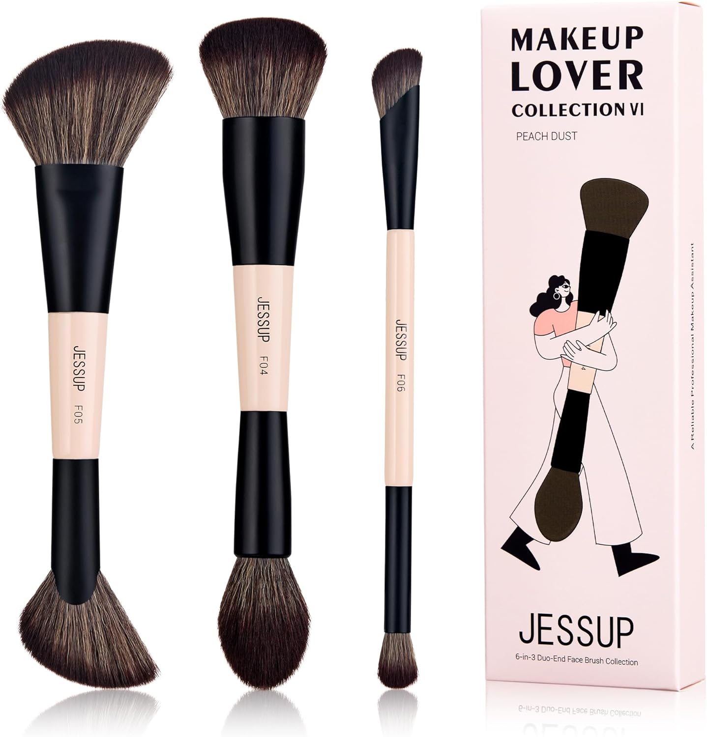 Jessup Face Makeup Brushes double ended 3 pieces set front view showing peach dust handles