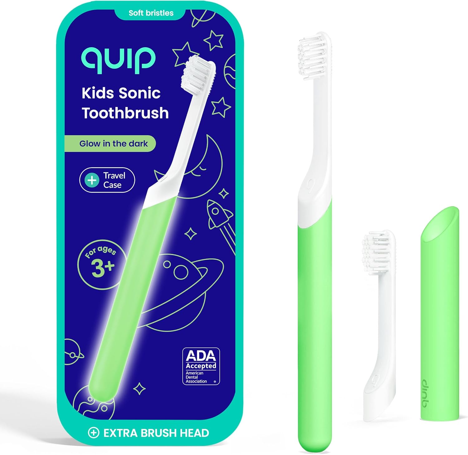 Quip kids sonic electric toothbrush front view in glow in the dark green