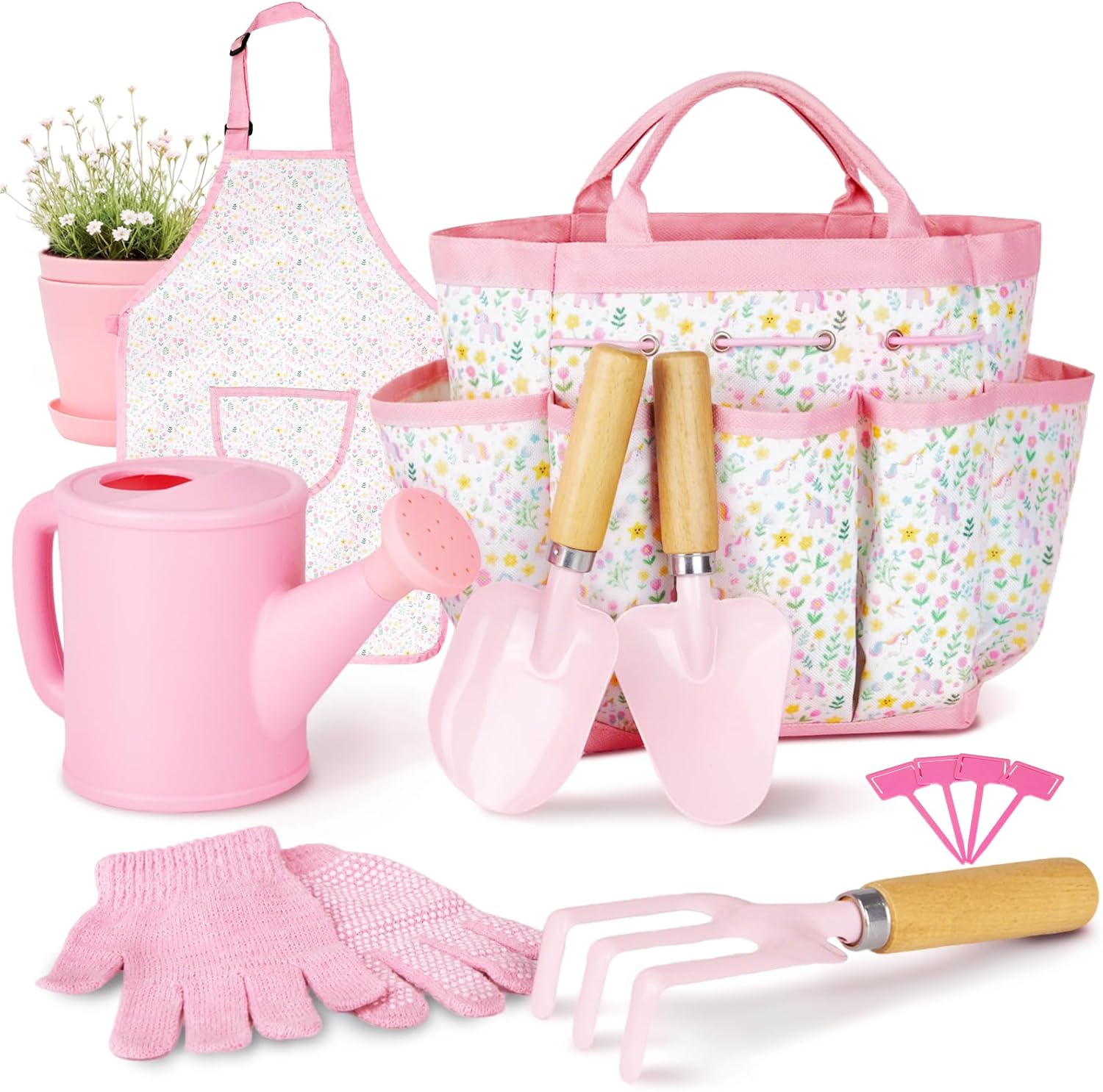 YAUNGEL kids gardening set pink color front view showing all tools outside the tote bag