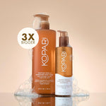 Kopari body wash bottle size comparison next to hand