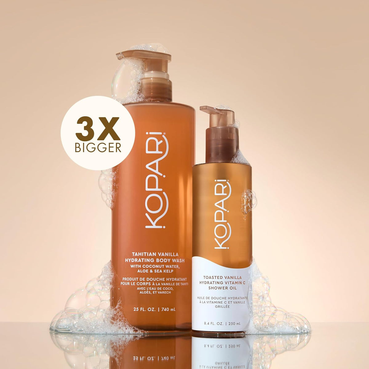Kopari body wash bottle size comparison next to hand