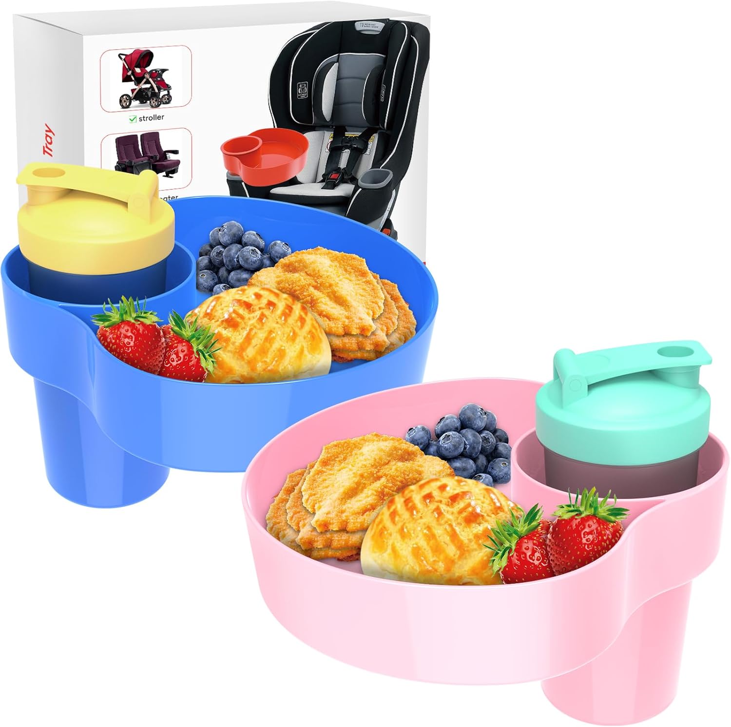 WeteamnoI kids car seat snack tray front view showing the blue and pink two pack set.