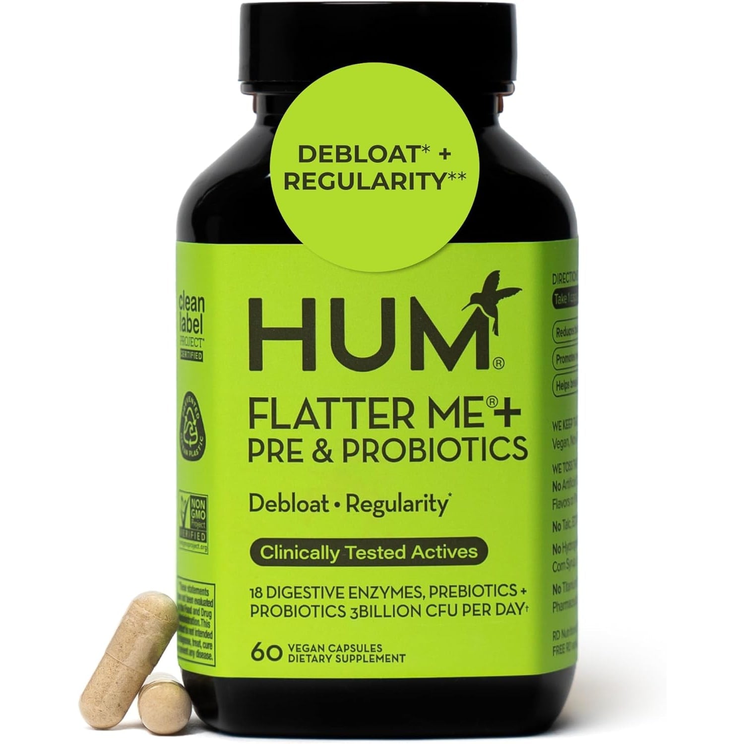 HUM Nutrition Flatter Me Digestive Enzymes bottle front view showing product labeling and clean branding