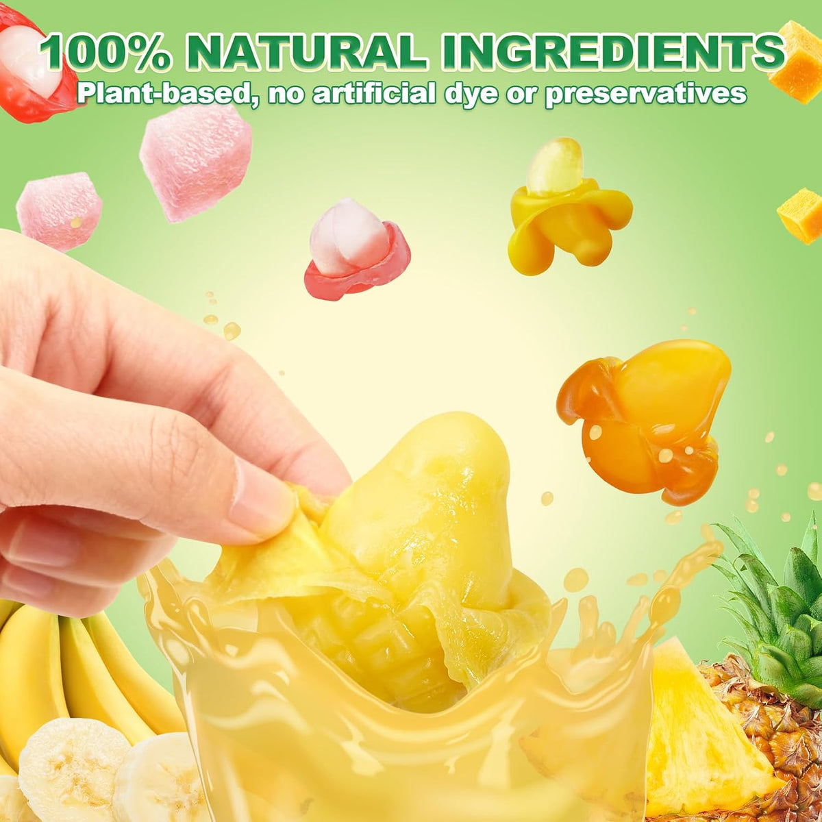Amos peelable fruit candy bag packaging displaying the gluten free and real fruit juice features