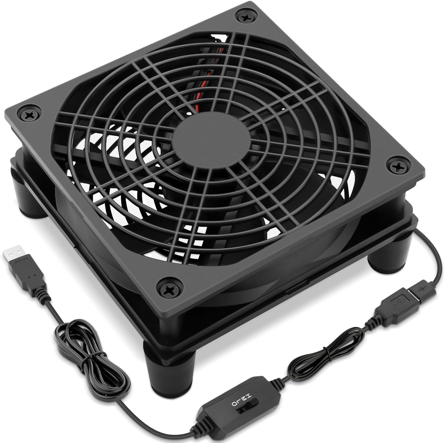 AmRunJe USB 120mm computer cooling fan front view showing the protective grill and fan blades