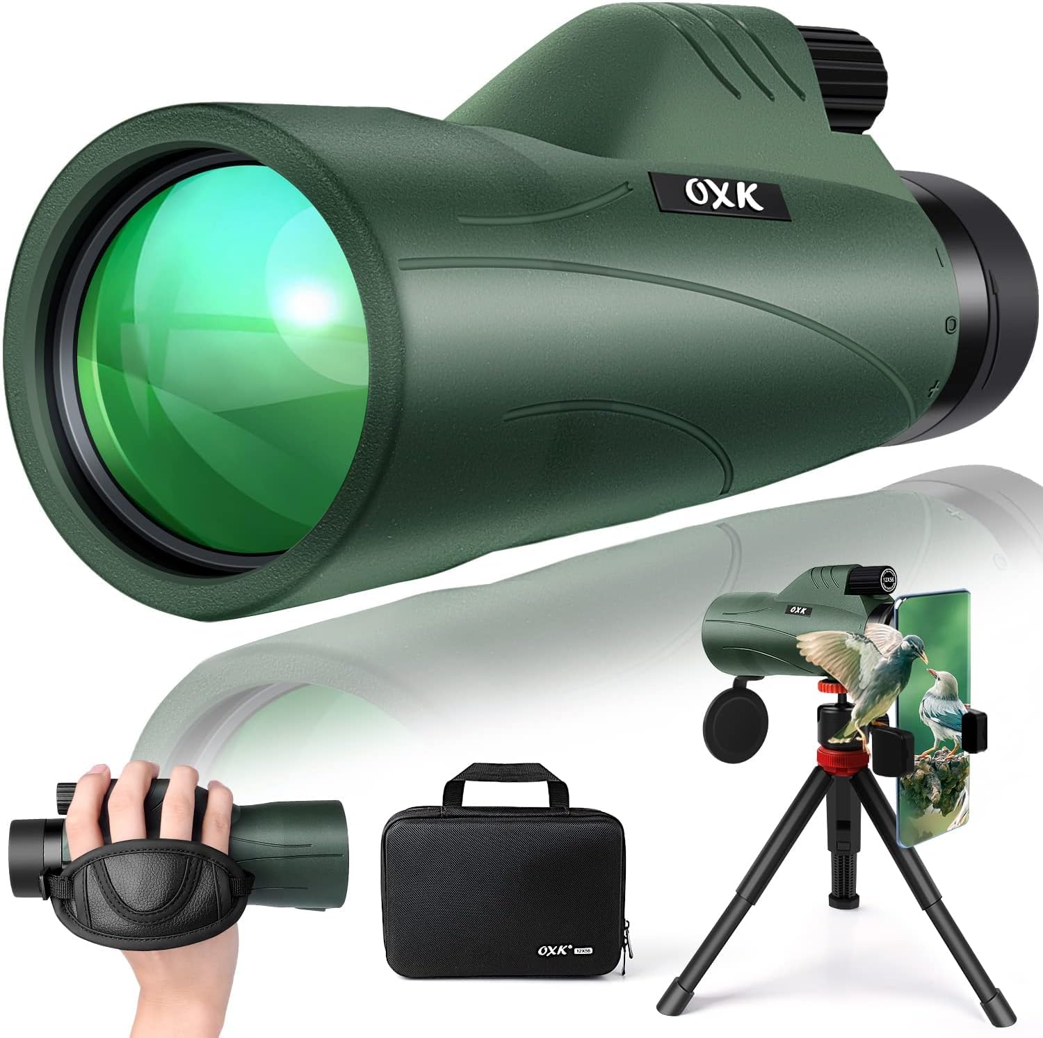 OXK Optics high power monocular telescope green front view showing the fifty-six millimeter objective lens.
