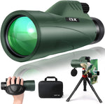 OXK Optics high power monocular telescope green front view showing the fifty-six millimeter objective lens.