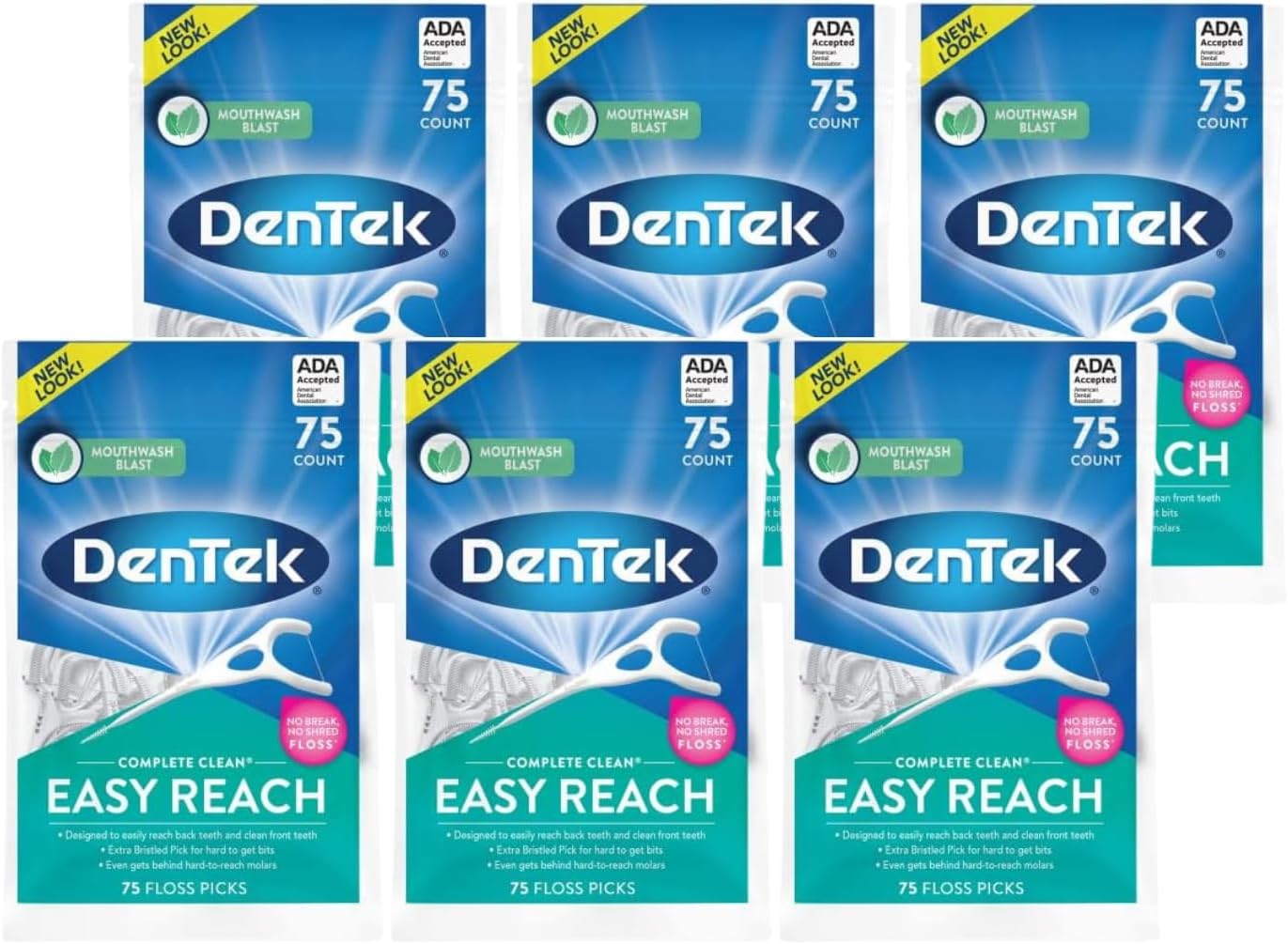 DenTek Complete Clean Easy Reach Floss Picks, Advanced Fluoride Coating, Mouthwash Blast Flavor, 75 ct. (Pack of 6) - Image 1