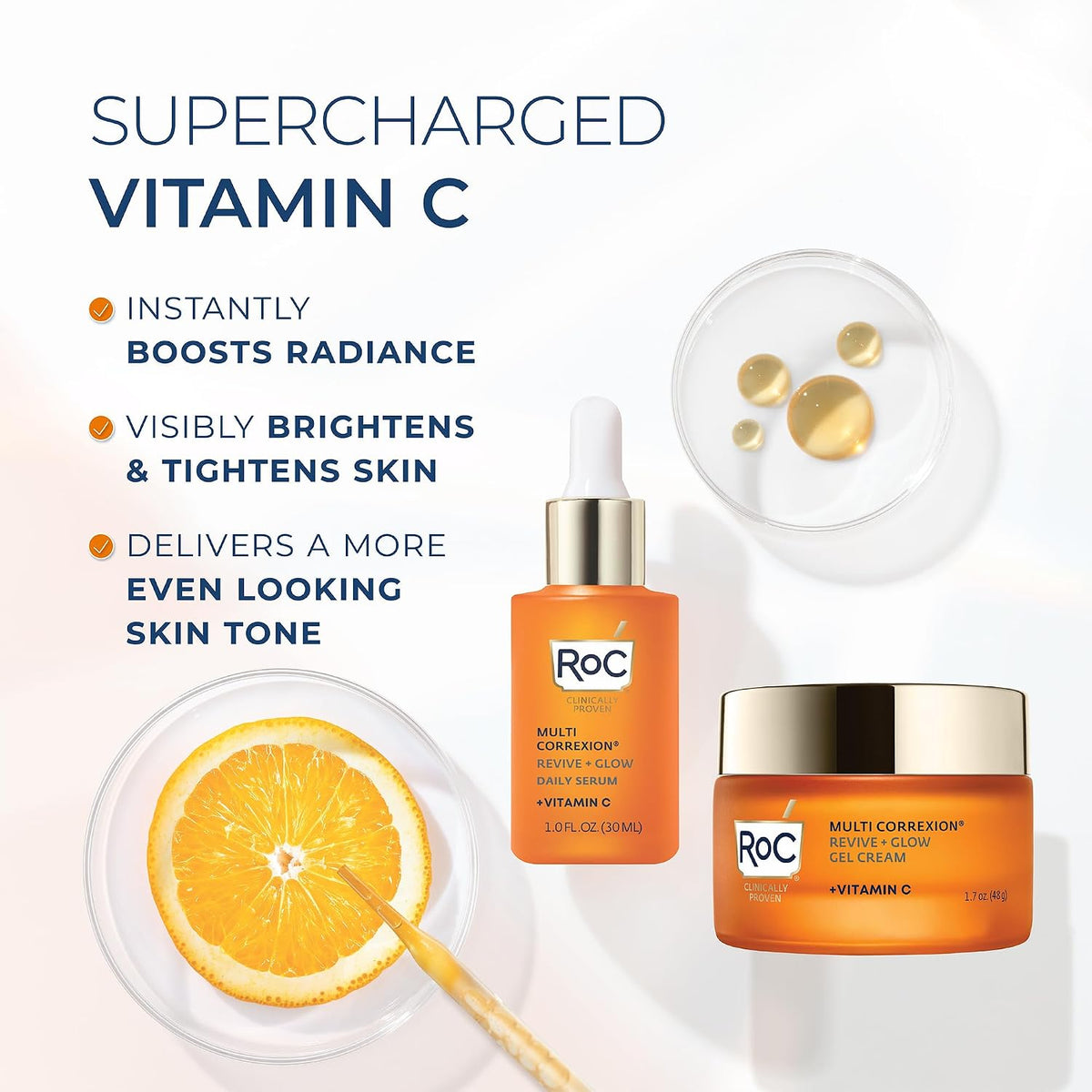 RoC Vitamin C Daily Serum bottle showing the dropper applicator for fading dark spots.
