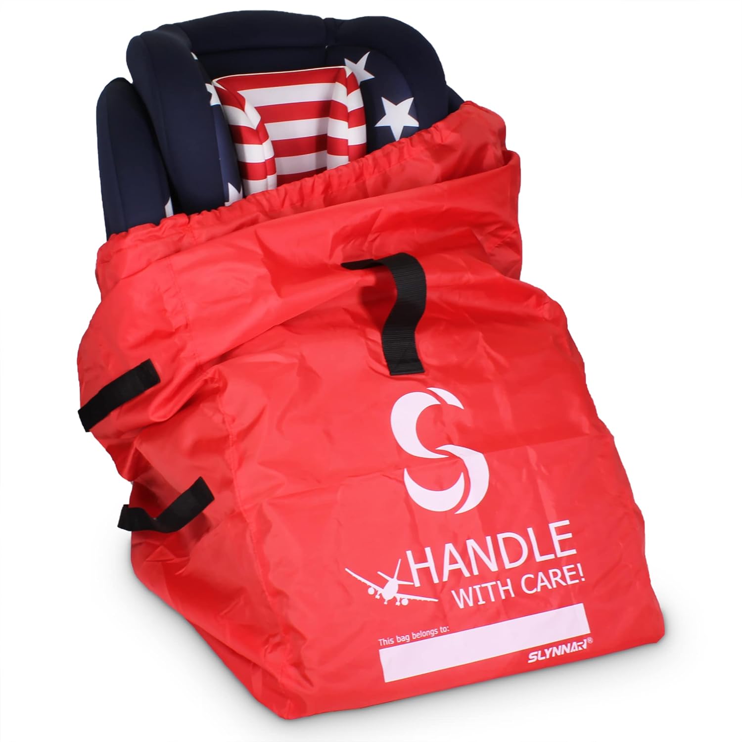 Slynnar car seat travel bag for airplane front view in bright red upgrade color showing handle with care text
