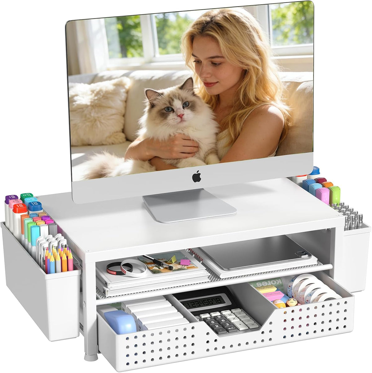 Desk Organizers and Accessories, Computer Monitor Stand Riser with Drawer and 2 Pen Holders, Printer & Laptop Stand, Office Desk Accessories & Workspace Organizers for Home Office Supplies, Green - Image 10