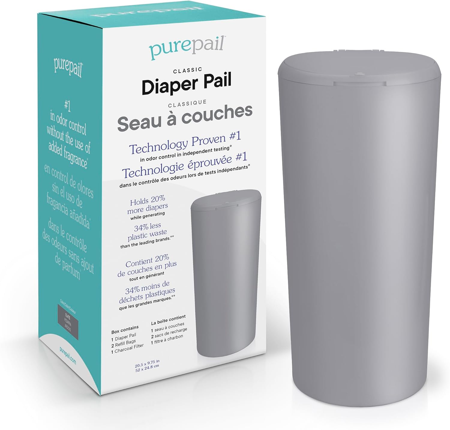 PurePail Classic Diaper Pail Slate front view for nursery