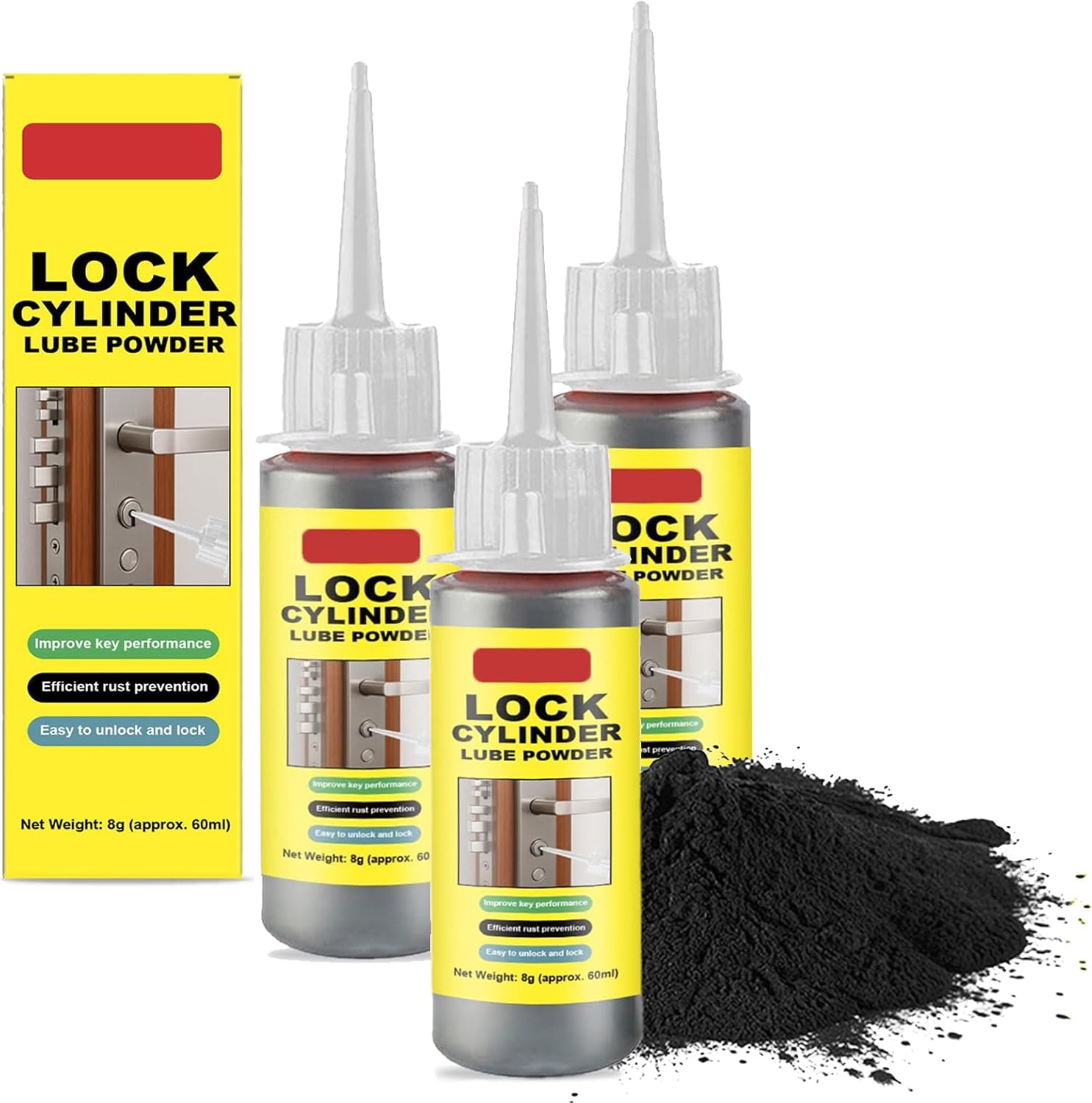 Generic graphite lock cylinder lubricant powder front view showing three pack packaging for smooth keyway operation