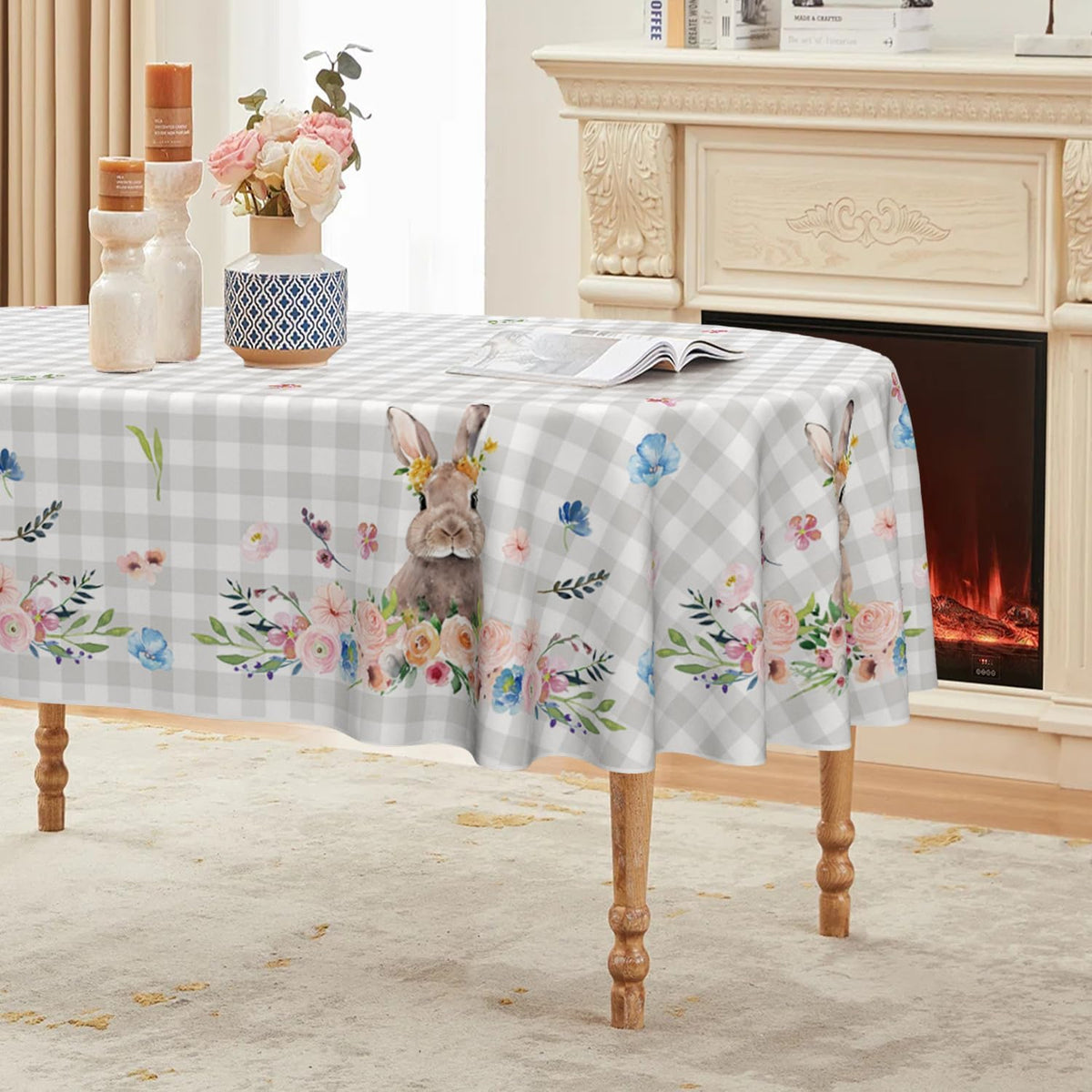 Horaldaily Easter Tablecloth 52 x 70 Inch Rectangular Spring Flower Bunny | Buffalo Plaid Washable Table Cover for Party Picnic Dinner Decor - Image 10