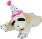 Multipet Lamb Chop dog toy showing festive party hat and patterned paws