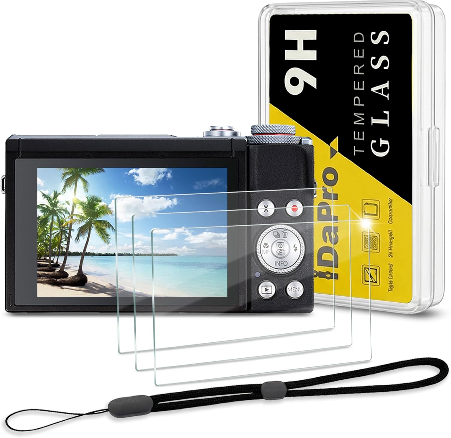 iDaPro tempered glass screen protector pack for Canon PowerShot G7X Mark III front view showing the screen guards and vlogging wrist strap.