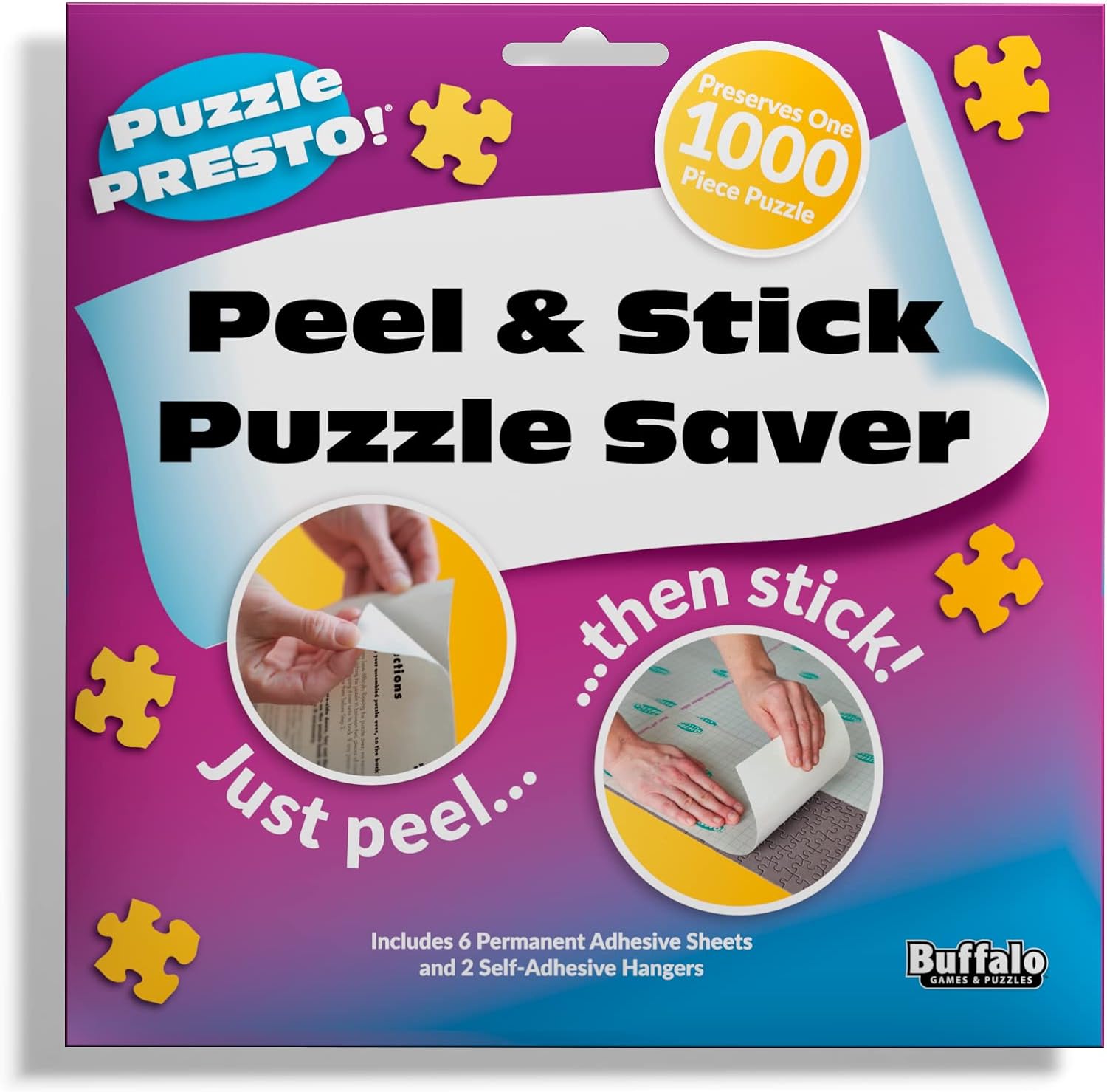 Buffalo Games Puzzle Presto Peel And Stick Puzzle Saver packaging front view showcasing six adhesive sheets and two hangers