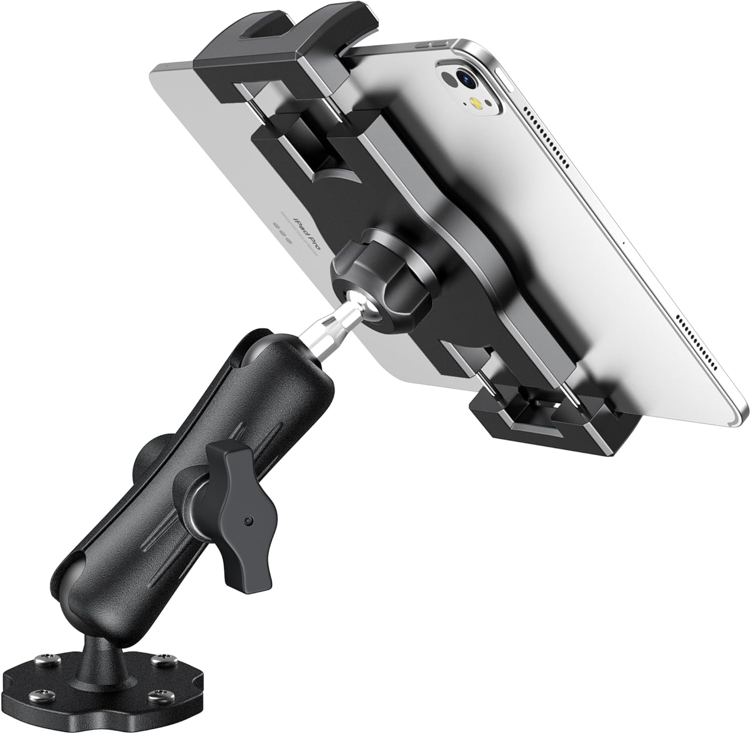 Keuvirya heavy duty tablet mount front view installed on a truck dashboard showing the aluminum arm.