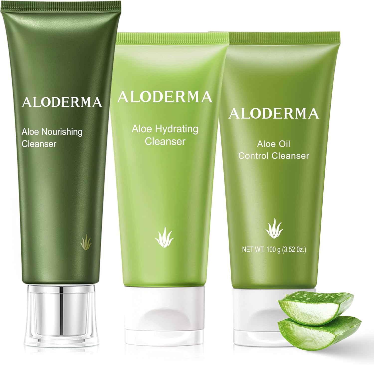 Aloderma Aloe Cleanser Set 3 Pieces front view showcasing organic face wash bottles.