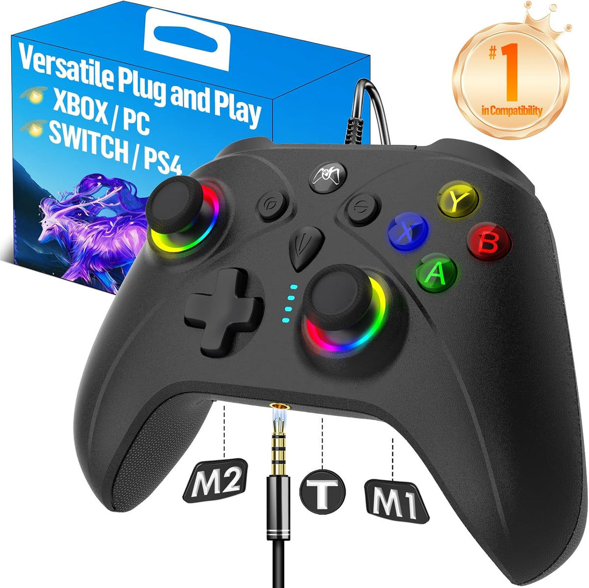 UGAME wired Xbox controller front view showing black gamepad shell and analog sticks