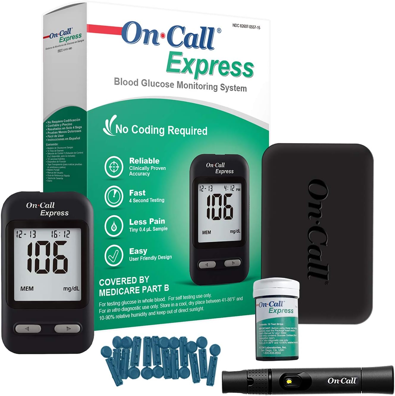 On Call Express Diabetes Testing Kit- Blood Glucose Meter, 10 Blood Test Strips, 1 Lancing Device, 30g Lancets, Control Solution, Carrying Case, Log Book, Black - Image 1
