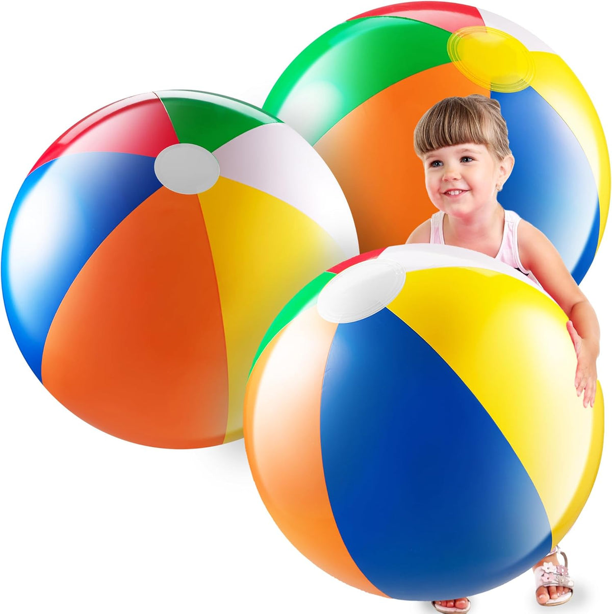 Bedwina giant beach ball three pack front view displaying vibrant rainbow panels for pool toys